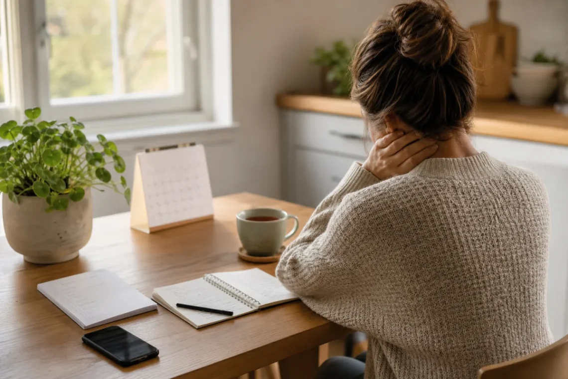 Femme assise près d'une fenêtre lumineuse, regard perdu dans le vide, tasse de thé entre les mains