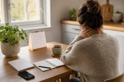 Femme assise près d'une fenêtre lumineuse, regard perdu dans le vide, tasse de thé entre les mains