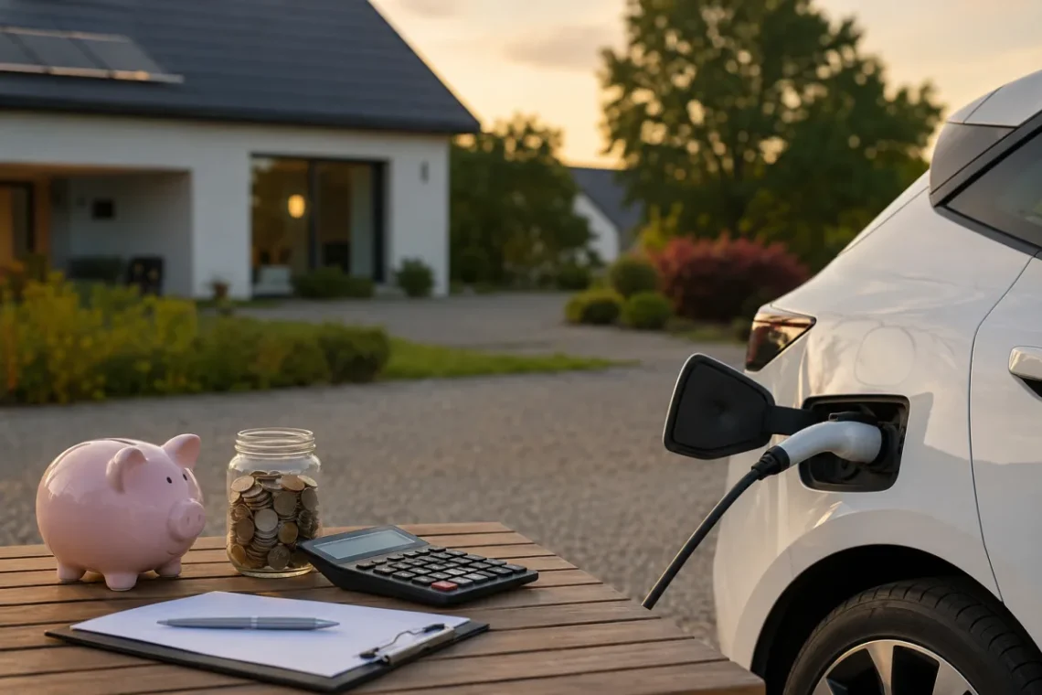 Parking en ville avec plusieurs voitures électriques branchées à des bornes de recharge publiques