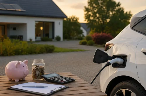 Parking en ville avec plusieurs voitures électriques branchées à des bornes de recharge publiques