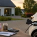 Parking en ville avec plusieurs voitures électriques branchées à des bornes de recharge publiques