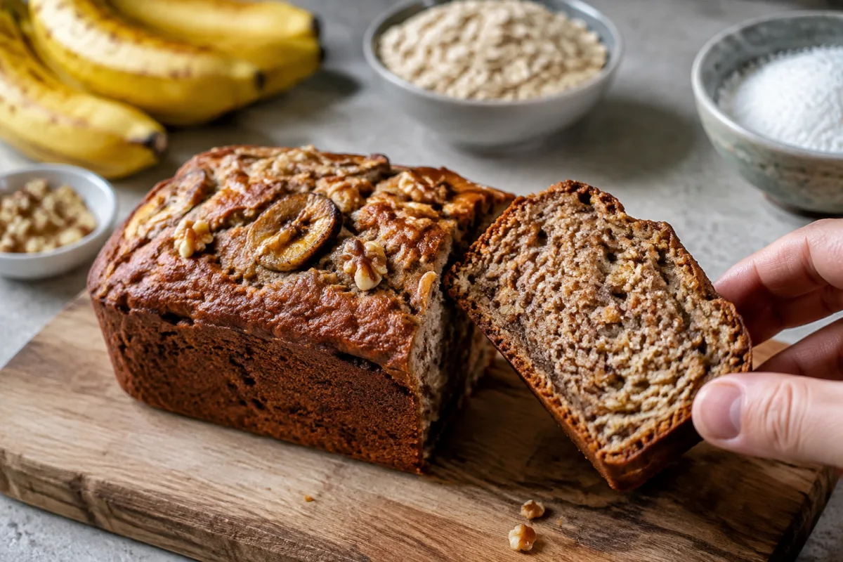 Gros plan sur la mie moelleuse d'une tranche de banana bread aux pépites de chocolat