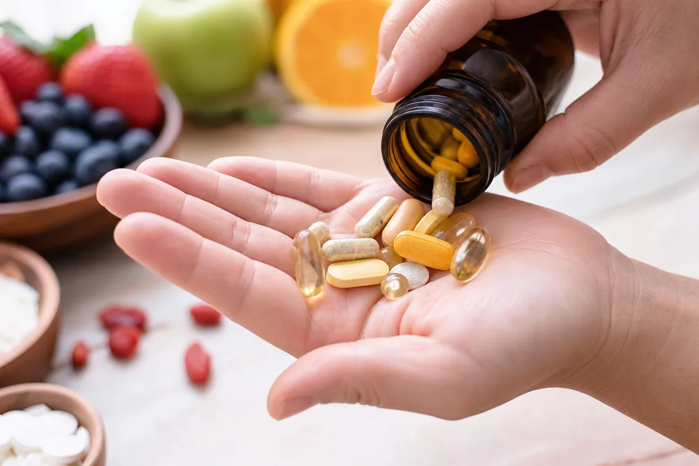 Gros plan sur deux gélules de multi vitamines végétales posées au creux d'une main