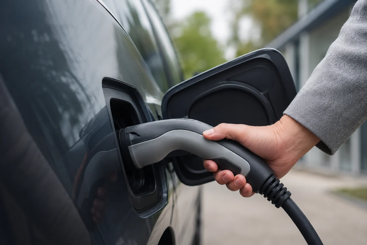 Gros plan sur le câble de recharge branché dans la trappe d'une voiture écologique
