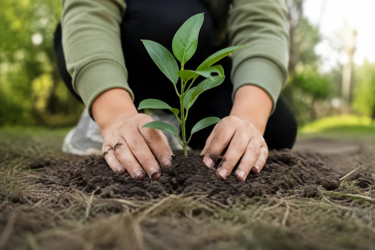 Une main d'enfant plantant délicatement une jeune pousse verte dans une terre nourricière