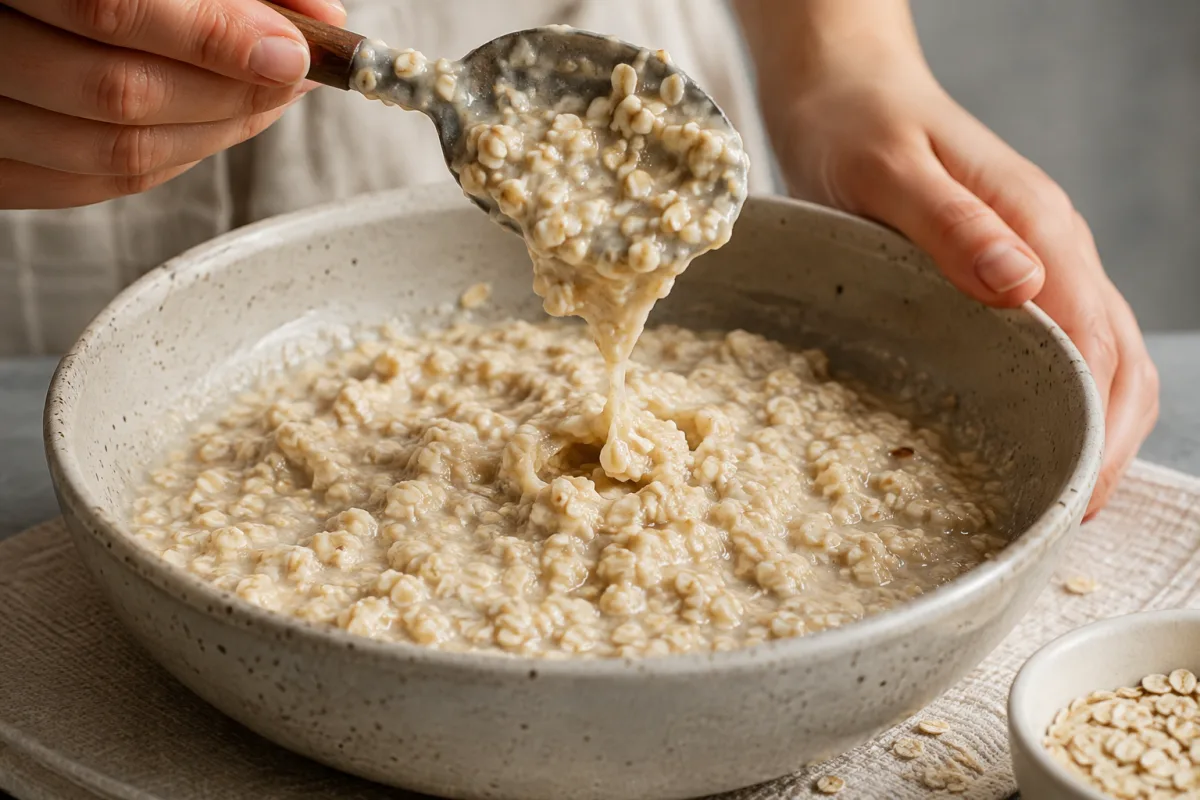 Gros plan sur la dorure croustillante d'une galette aux flocons d'avoine dans la poêle
