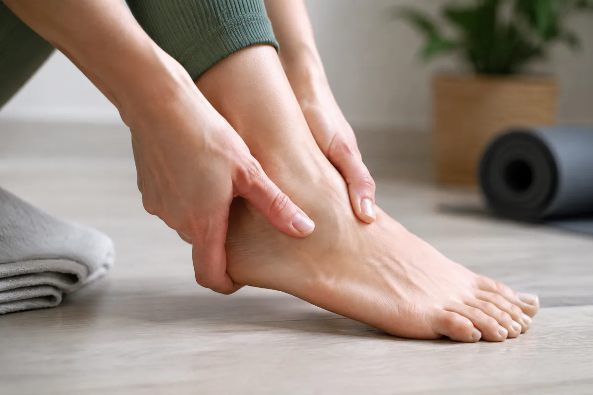 Gros plan sur les mains massant doucement la voûte plantaire d'un pied nu posé à terre