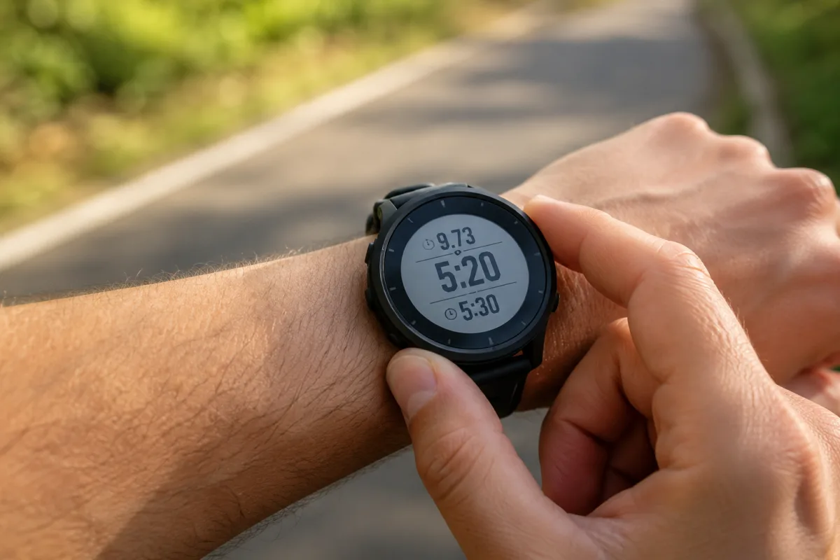 Gros plan sur le cadran d'une montre de sport affichant le rythme par kilomètre