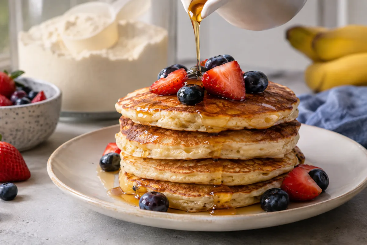 Gros plan sur la texture moelleuse d'un pancake protéiné coupé avec une fourchette