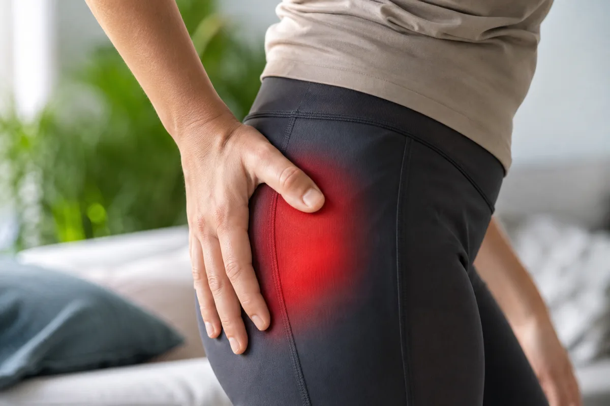 Gros plan sur les mains appliquant un soin naturel à base de plantes sur une hanche