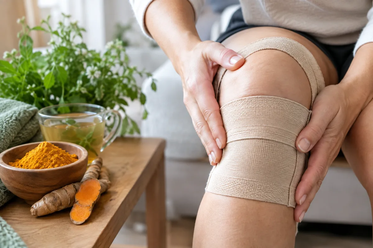 Gros plan sur les mains appliquant un baume végétal apaisant sur le côté du genou