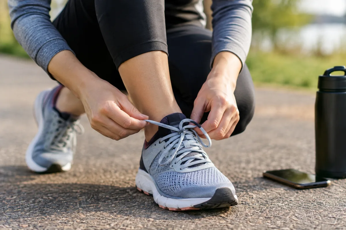Une montre connectée affichant le temps et l'allure au poignet d'une personne en tenue de sport